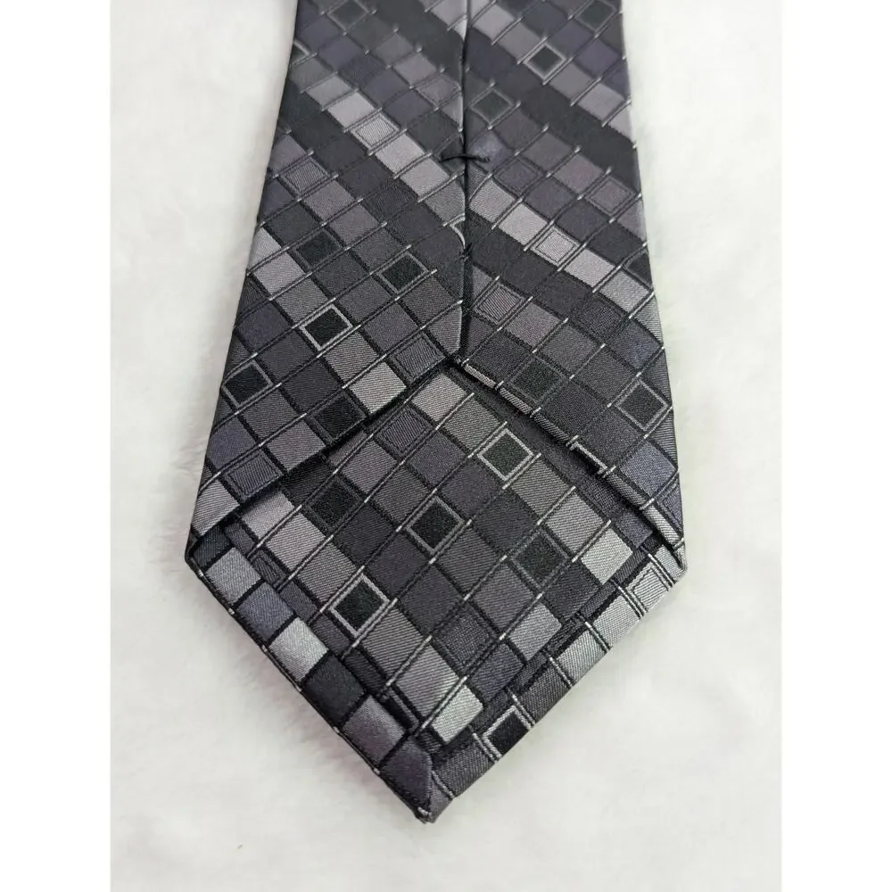 Vintage ck Calvin Klein Silk Necktie Gray Black Checkered Geometric Y2K 3.25
